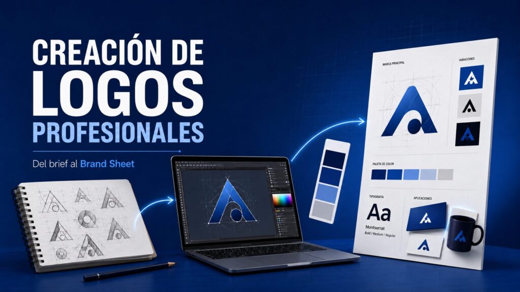 crear un logo profesional completo siguiendo un proceso metódico: briefing, conceptualización, bocetado, digitalización, pruebas y entrega.