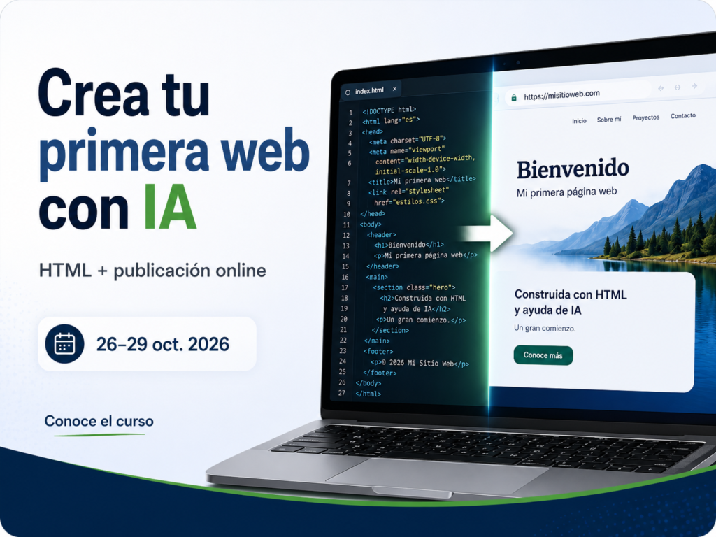 Crea y publica tu primera página web con ayuda de inteligencia artificial, sin necesidad de saber programar. En cuatro sesiones pasarás de una idea a una página propia, revisada y con una URL real que podrás compartir.